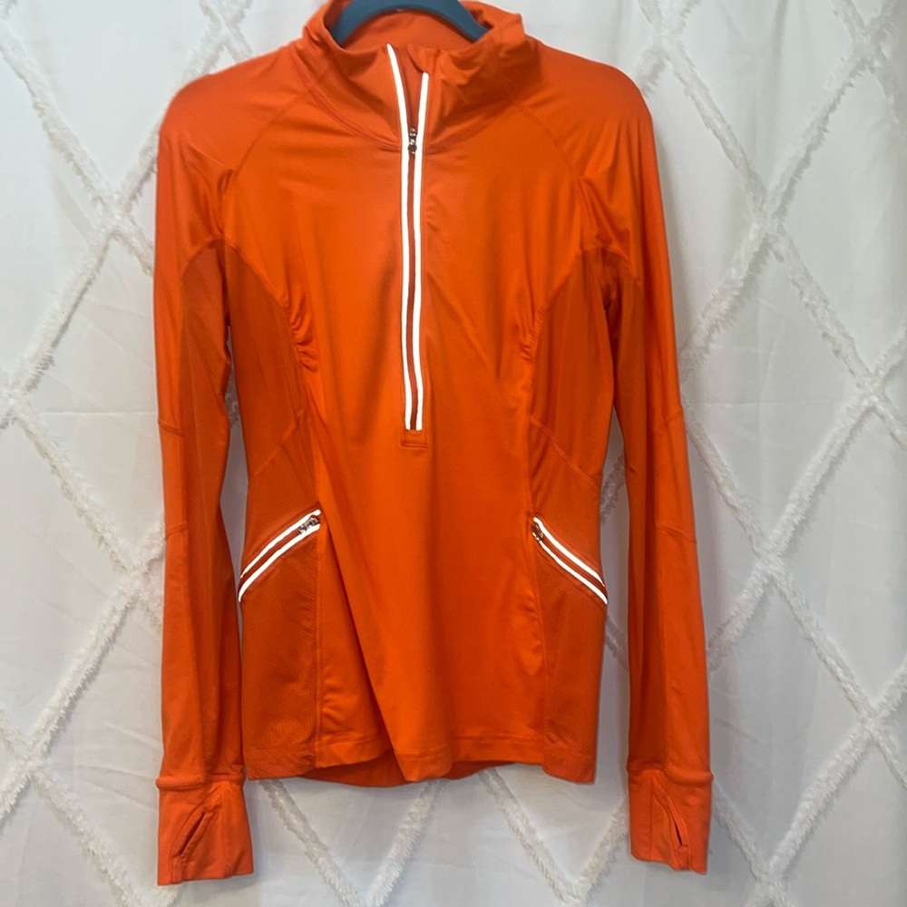 Orange Lulu 1/2 zip, reflective grey strips, size 10